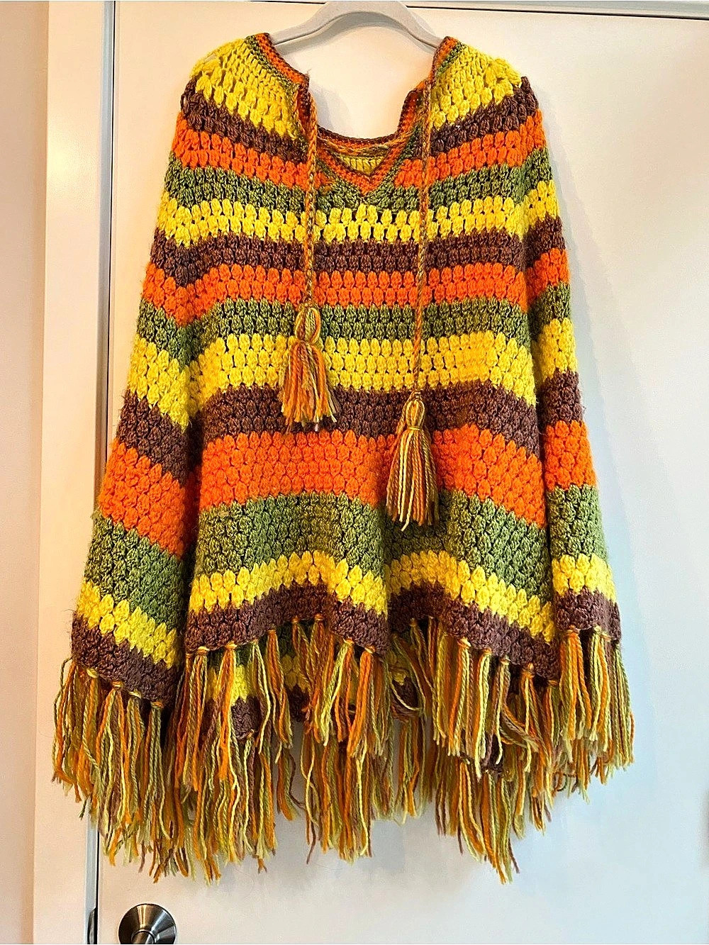 Striped Fringe Poncho in Orange & Yellow
